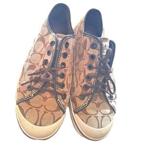 Coach Monogram C Canvas Brown Tan Sneakers Flat Athletic Shoes Size 7.5 W GUC